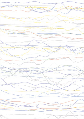 Thin coloured lines crossing the sheet, each one bent by noise into a low ridge.