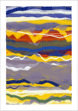 A different run of the same program: layered bands of sampled colour built from vertical fibre.