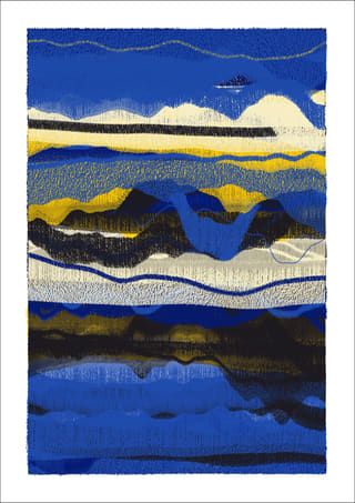 Dense vertical abstract composition of deep blue and black layers interrupted by cream, muted gold, and thin grey lines.