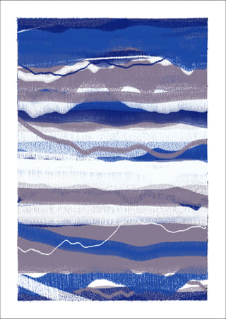 Vertical abstract work composed of irregular cobalt, dark blue, grey, and white horizontal layers, with two thin wavering lines crossing the lower half.