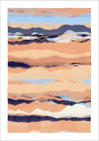 Vertical abstract work of dusty peach, cream, pale blue, mauve, and navy horizontal layers with fine fibrous texture.