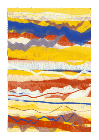 Bright vertical abstract composition with dense lemon-yellow, cobalt-blue, vermilion, cream, and grey-violet layers crossed by fine red and blue lines.
