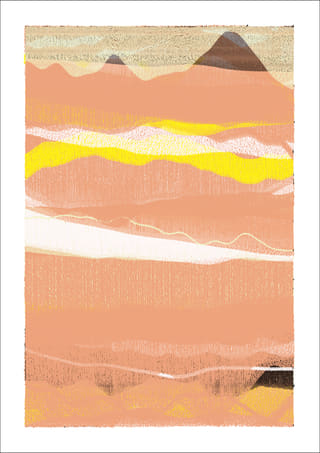 Mostly salmon and blush vertical abstract work with a dark triangular form near the top, a bright yellow seam, and pale cream layers.