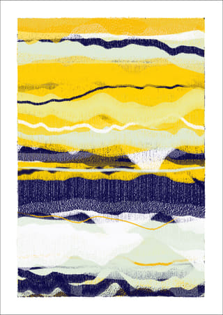 Vertical abstract composition of vivid yellow, navy, black, pale mint, and white horizontal layers with irregular textured edges.