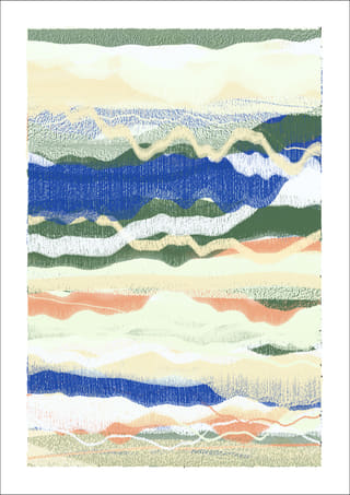 Light vertical abstract work with cream, sea-green, blue, peach, and grey bands of varying thickness and several thin wandering lines.