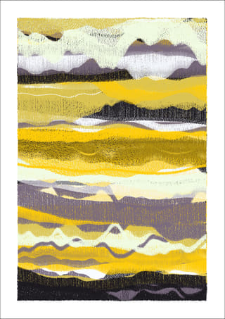 Vertical abstract composition of ochre, muted yellow, black, cream, and lavender-grey layers, densely grouped through the middle.
