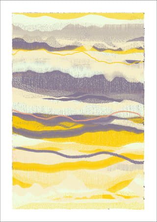 Vertical abstract composition of pale yellow, cream, and soft grey-violet layers, with light textured marks and several narrow ochre lines.