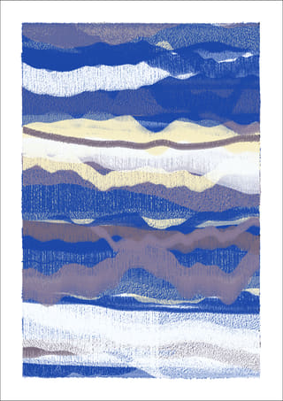 Vertical abstract work made of cobalt, periwinkle, grey-violet, and white horizontal layers with soft uneven contours.