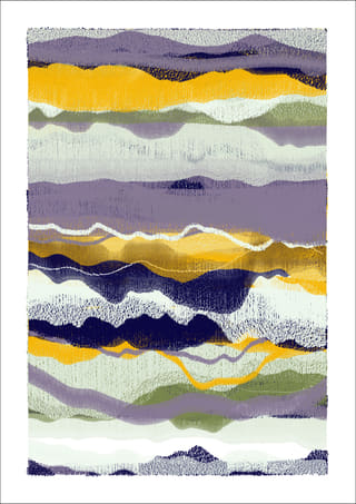 Vertical abstract composition of violet-grey, sage green, mustard, navy, and cream bands with several narrow dark seams.