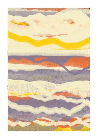 Light vertical abstract composition with cream, peach, pale yellow, and lavender-grey layers, softly textured and widely spaced.