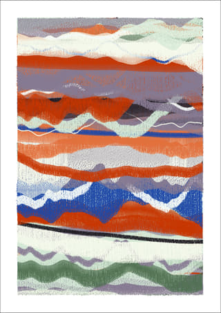 Vertical abstract work with alternating rust-red, cobalt-blue, grey, dark-green, and cream layers that form several diagonal crossings.