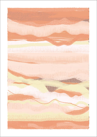 Low-contrast vertical abstract image in salmon, blush, cream, and pale yellow, with soft horizontal layers and faint wavering lines.