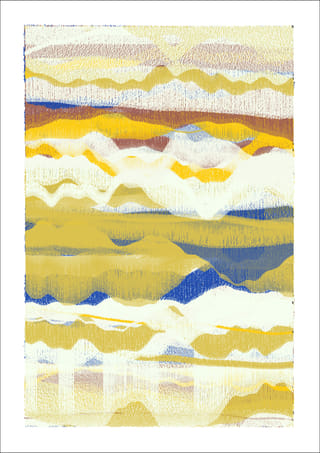 Vertical abstract composition of milky white, lemon yellow, ochre, pale blue, and soft grey layers with many open light gaps.
