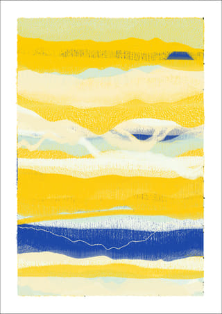 Vertical abstract work dominated by yellow and cream, with pale-blue layers and a long navy band across the lower third.