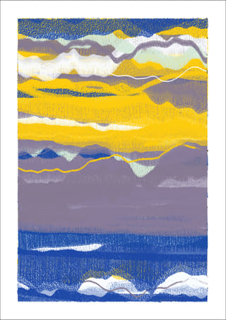 Vertical abstract composition with yellow and grey-violet layers above a broad cobalt lower field and two small pale angular shapes at the bottom.