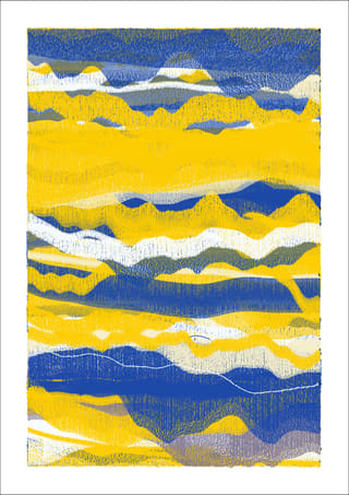Dense vertical abstract work of alternating cobalt-blue, bright-yellow, cream, and grey-violet horizontal layers.