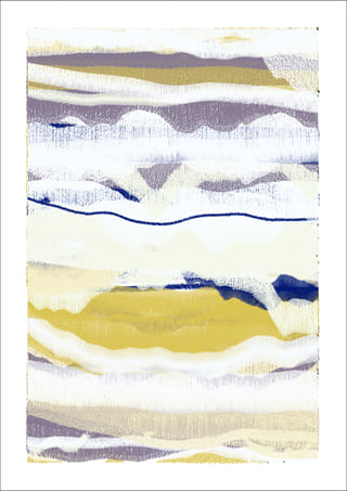 Very pale vertical abstract image with large white areas, faint grey and yellow layers, and one thin navy line across the center.