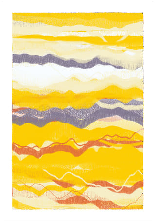Vertical abstract work dominated by saffron yellow and cream, crossed by narrow peach, rust, and lavender-grey layers and lines.