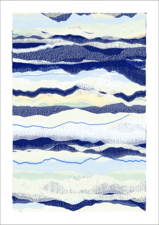 Light vertical abstract composition of white, icy blue, pale mint, and navy layers with several distinct dark-blue wavering lines.