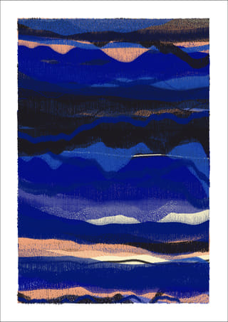 Dark vertical abstract work in ultramarine, midnight blue, and black-violet, interrupted by narrow peach layers and one short pale line.