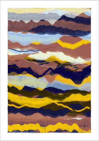 Dense vertical abstract composition of plum, chocolate brown, ochre, pale blue, and cream horizontal layers with a woven texture.