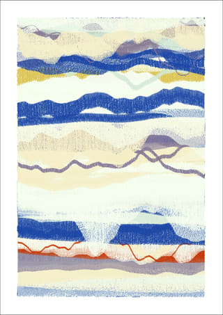 Vertical abstract work with cream, slate-blue, pale-mint, and grey layers, plus a thin rust-colored line near the bottom.