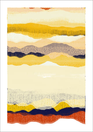 Vertical abstract work with cream and golden horizontal layers, a broad pale central gap, a grey-violet seam, and a burnt-orange band at the bottom.